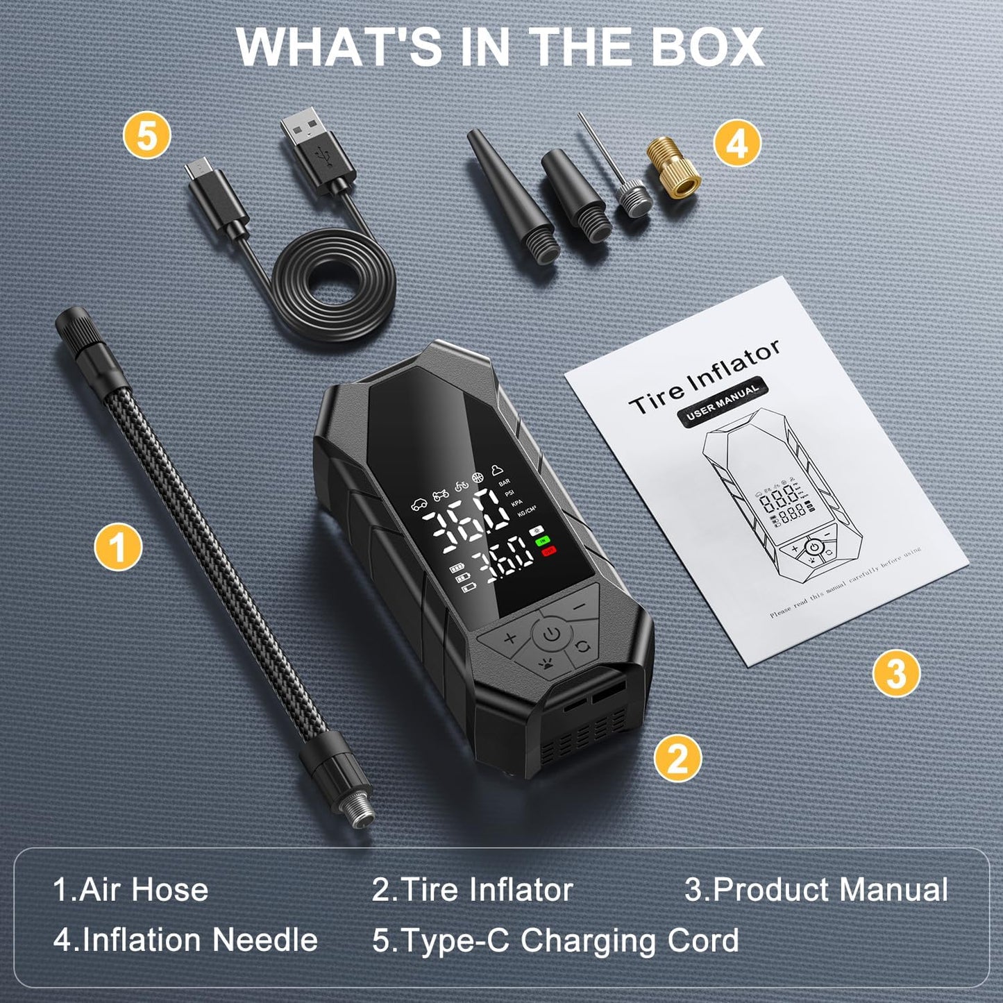 Ripom portable tire inflator kit includes the air hose, the inflator unit, a product manual, inflation needle, and Type C charging cord.