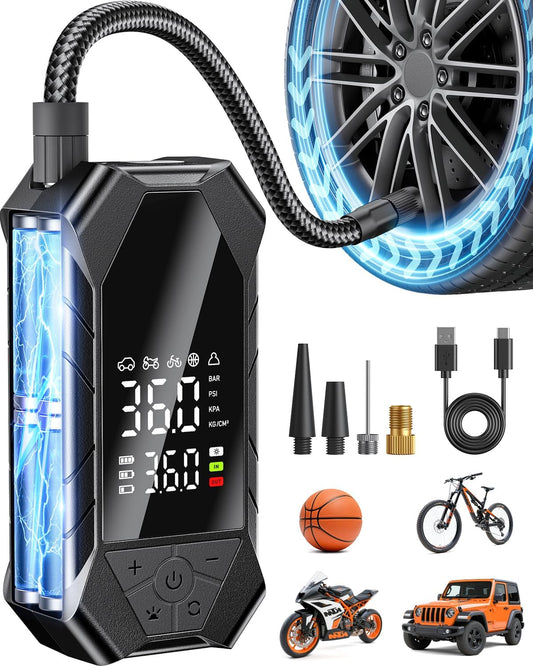 Ripom 2P1.jpg: Ripom rugged tire inflator main image. It shows the digital display, inflation hose, charging cable, and nozzles for different vehicles.