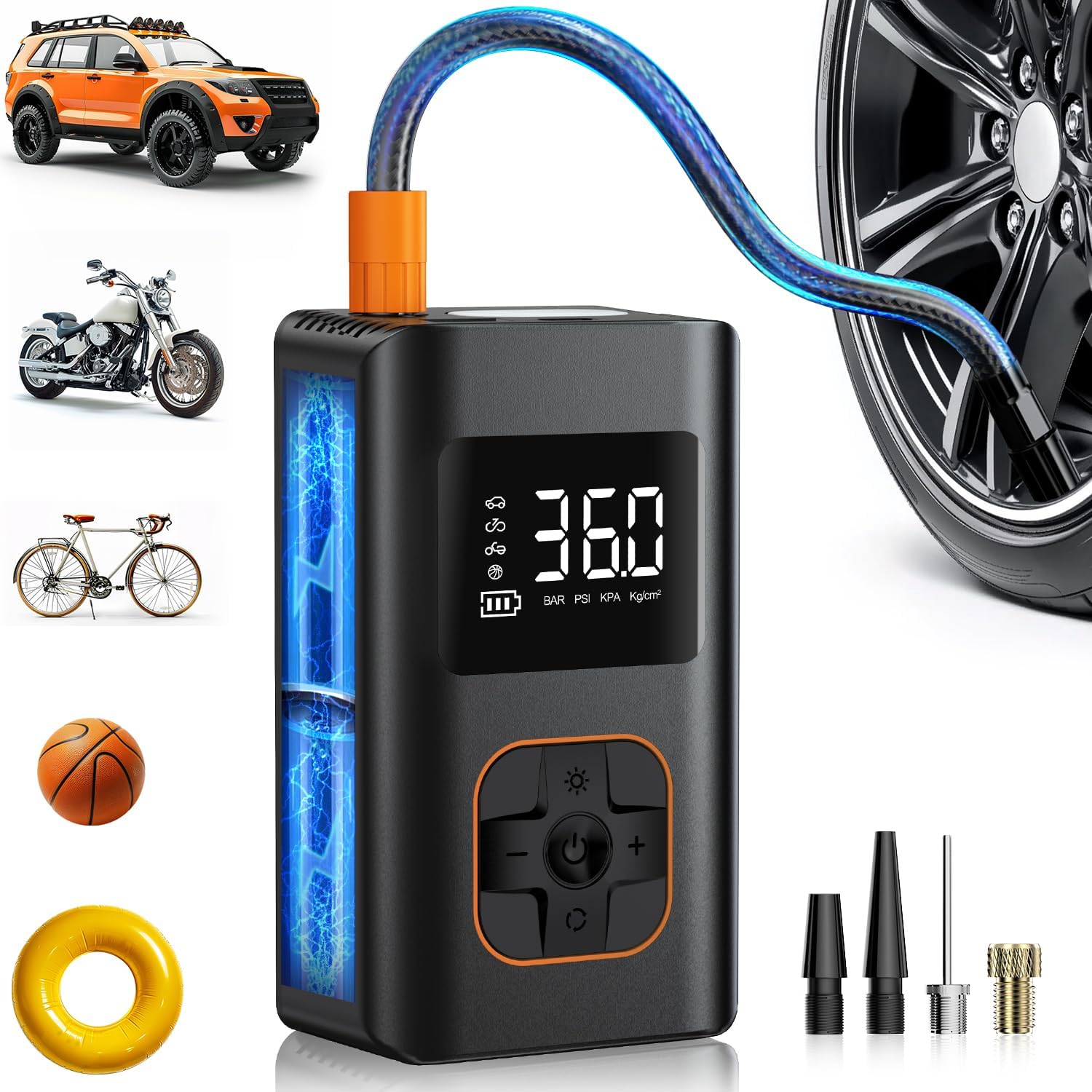 RIPOM portable air compressor main image. The unit shows the digital display, hose, and multiple nozzles for Jeep, motorcycle, and ball inflation.