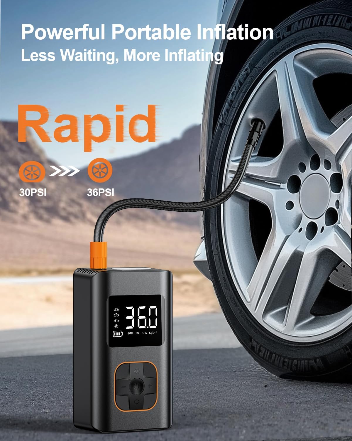 RIPOM portable inflator provides rapid power and less waiting time. The screen shows the unit inflating a car tire from 30 PSI to 36 PSI quickly.