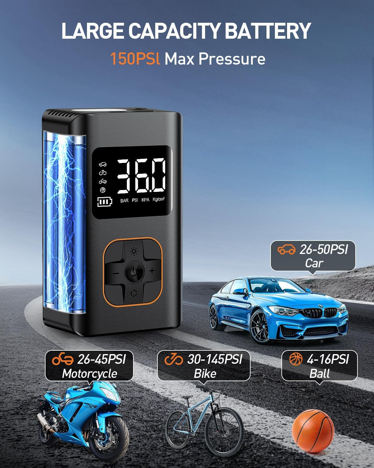 RIPOM air pump features large capacity battery and 150 PSI maximum pressure. It displays recommended ranges for Car, Motor, Bike, and Balls.