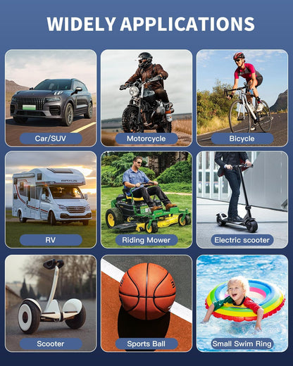 RIPOM cordless air compressor has wide applications. You can inflate tires for Car, Motorcycle, Bicycle, RV, Mower, and Electric Scooter.