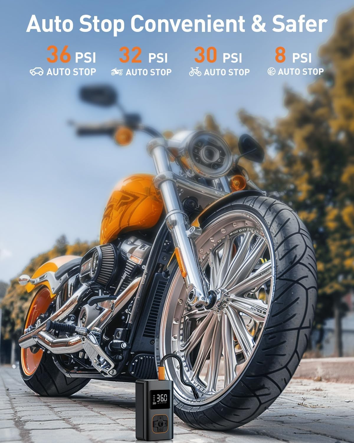 RIPOM auto stop function provides convenient and safer inflation. The unit stops automatically at 36 PSI for cars, 32 PSI for motorcycles, and 8 PSI for balls.