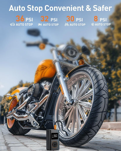RIPOM auto stop function provides convenient and safer inflation. The unit stops automatically at 36 PSI for cars, 32 PSI for motorcycles, and 8 PSI for balls.