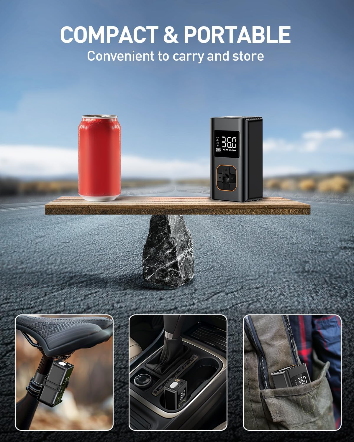 RIPOM cordless tire inflator is compact and portable. It is easily stored in a car console, backpack, or bike bag.