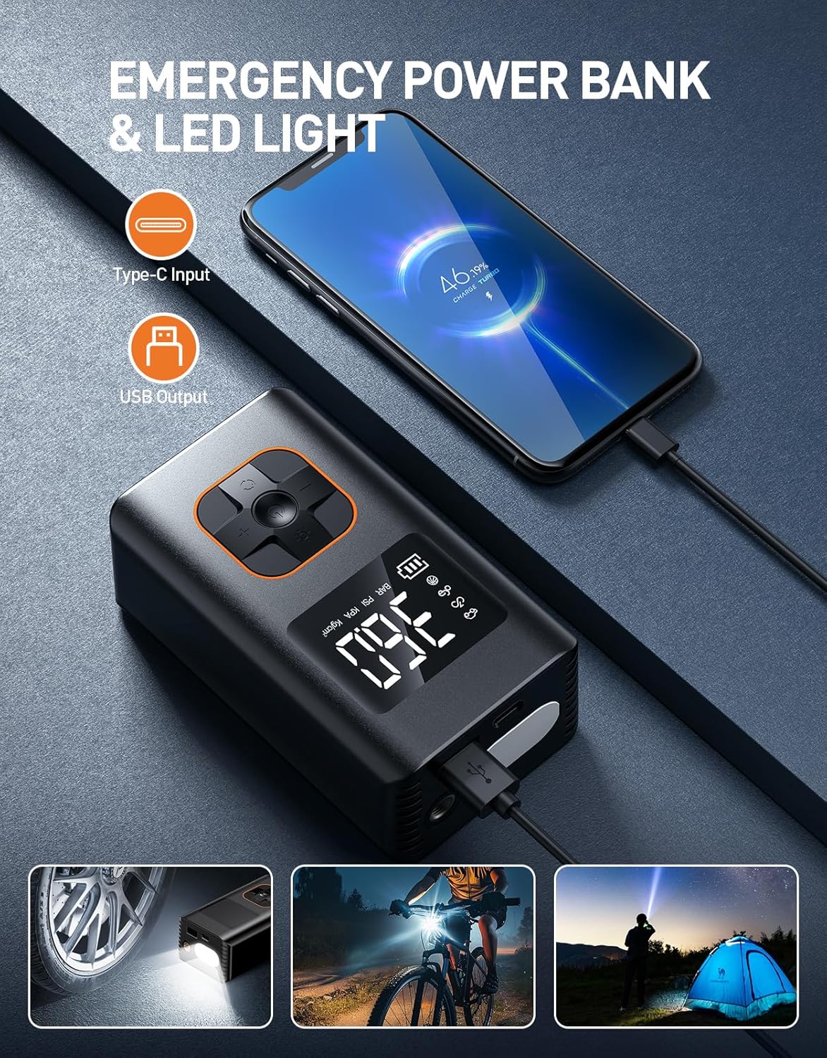 RIPOM emergency power bank and LED light unit. It charges a phone using the USB output and provides light for car, bike, and camping use.