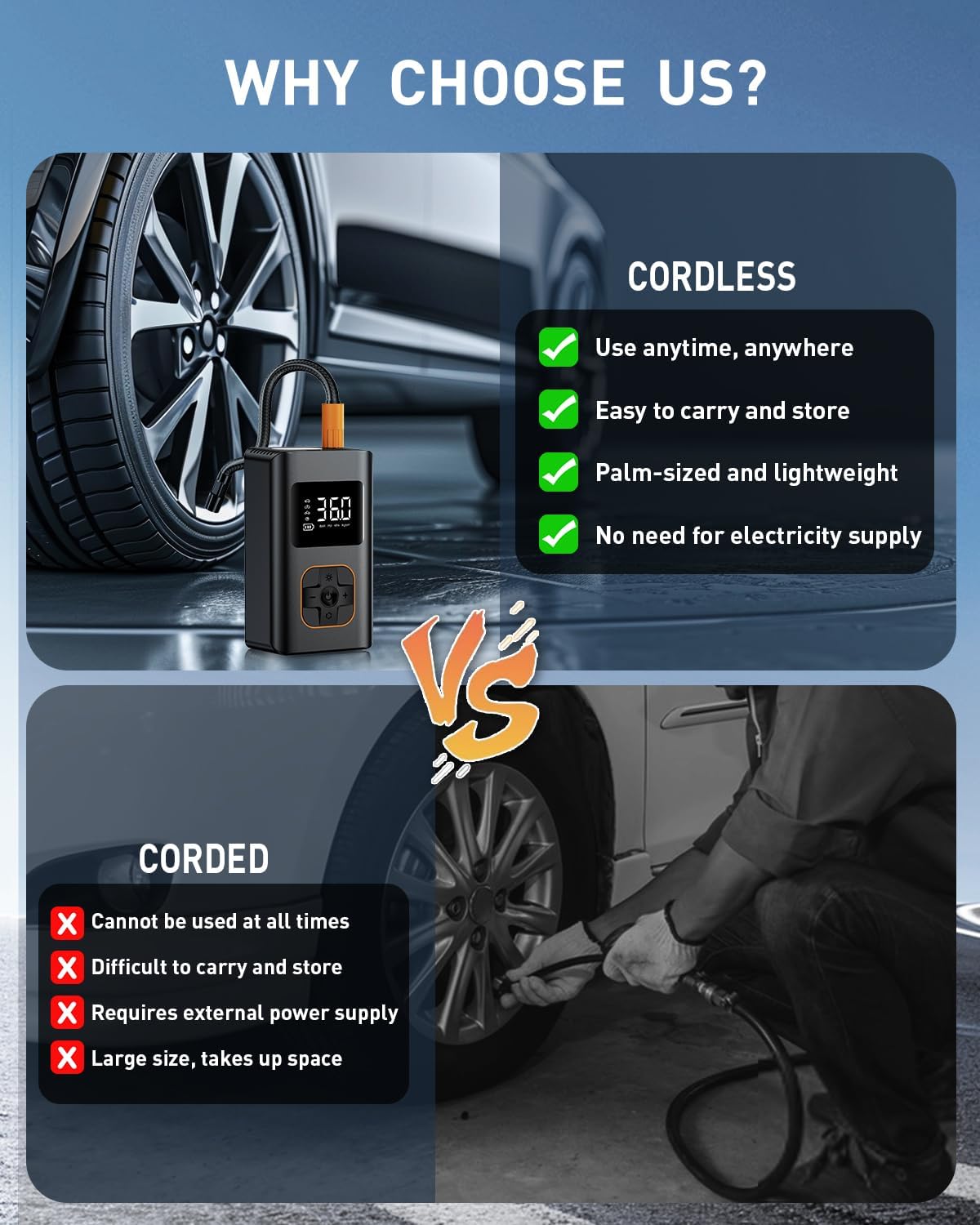 Choose the RIPOM cordless air pump over corded pumps. Cordless units are easy to carry, lightweight, and require no external power supply.