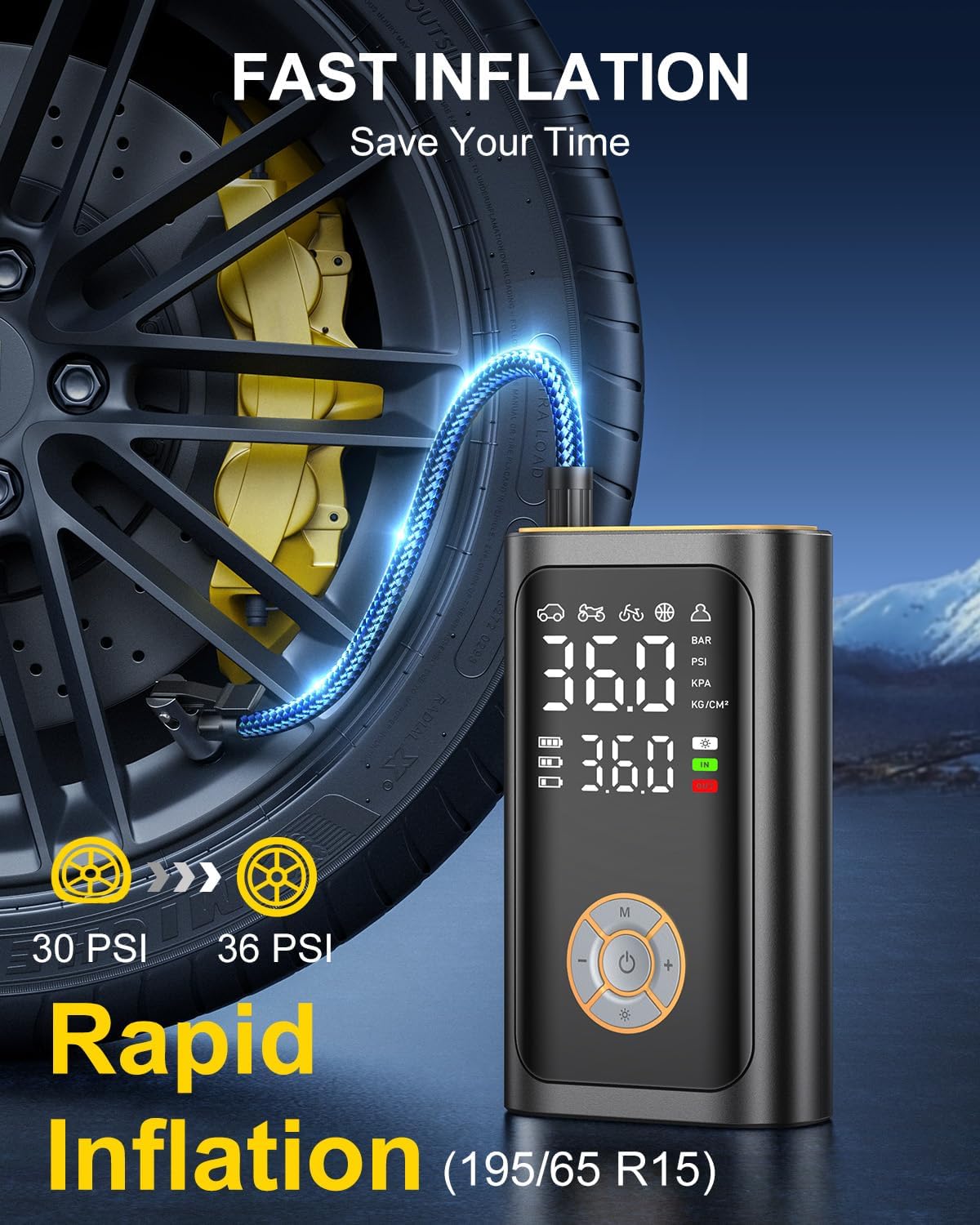 Ripom digital tire inflator displays rapid inflation from 30 PSI to 36 PSI on a car tire. Save your time with fast inflation.