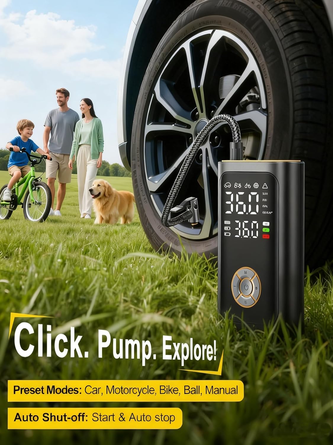 Ripom portable air pump is used outdoors on a car tire. The product features auto shut off and preset modes for safe, easy tire inflation.