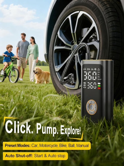 Ripom portable air pump is used outdoors on a car tire. The product features auto shut off and preset modes for safe, easy tire inflation.