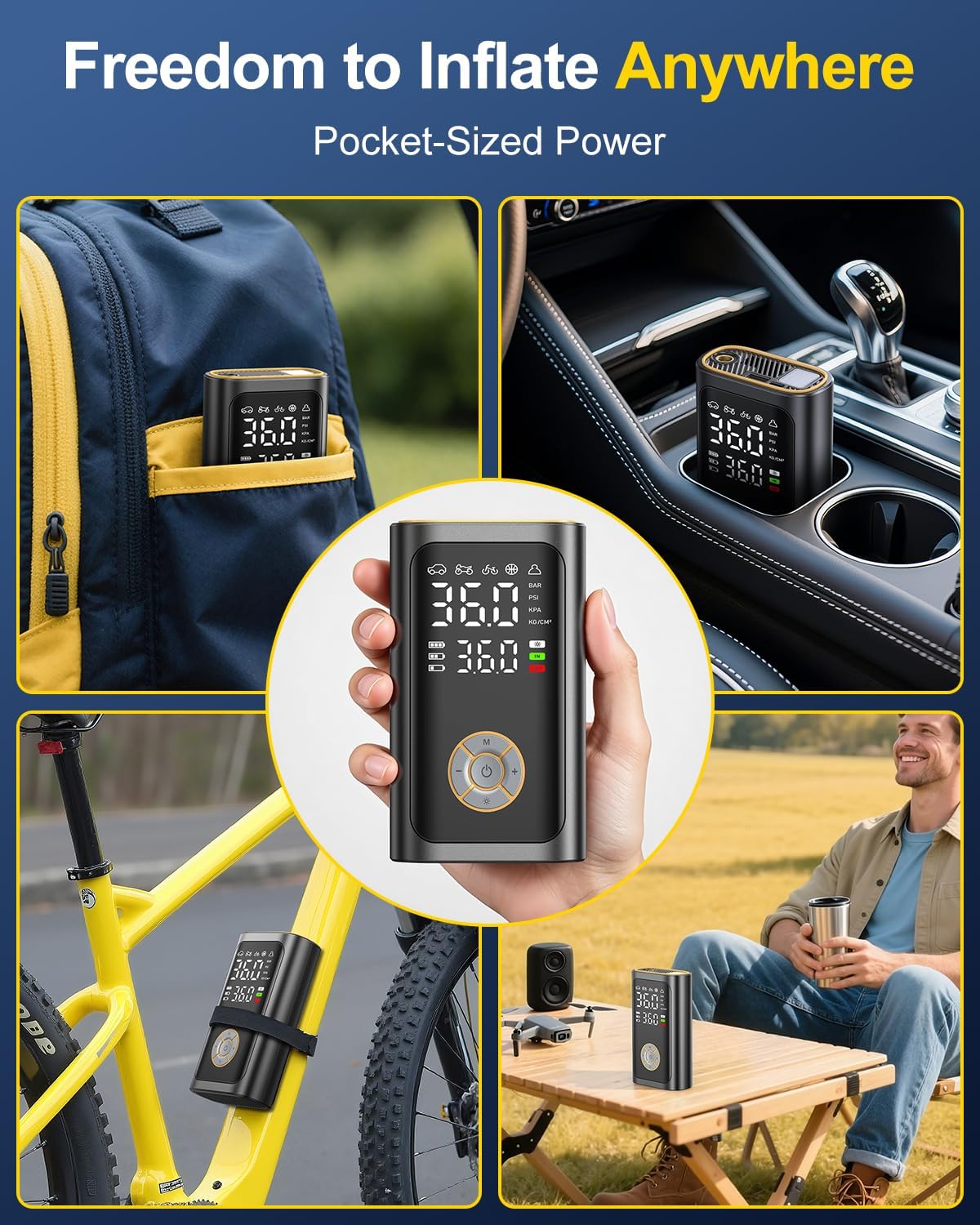 Ripom portable air compressor offers freedom to inflate anywhere. The pocket sized unit is stored easily in your car or backpack.