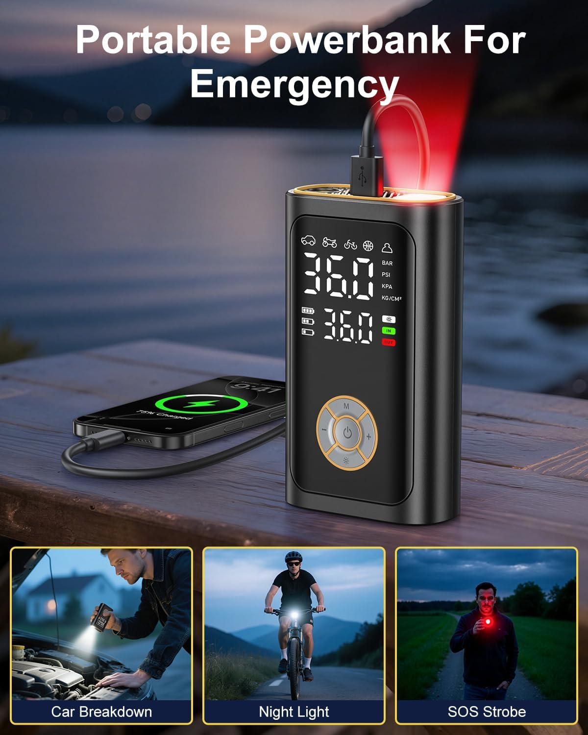 Ripom digital inflator acts as a portable powerbank for emergency charging of your phone. Use the built in LED for car breakdown or SOS strobe.