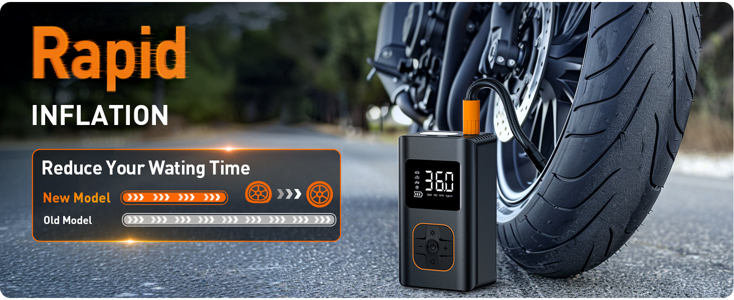 Ripom new model shows rapid inflation for motorcycle tires. Reduce your waiting time with this fast digital tire inflator.