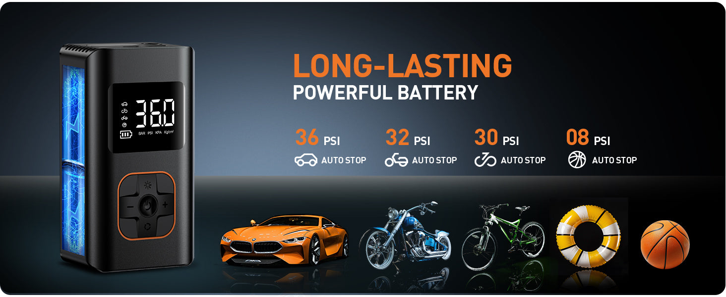 Ripom long lasting powerful battery. The unit uses auto stop for car, motor, bicycle, and ball inflation.