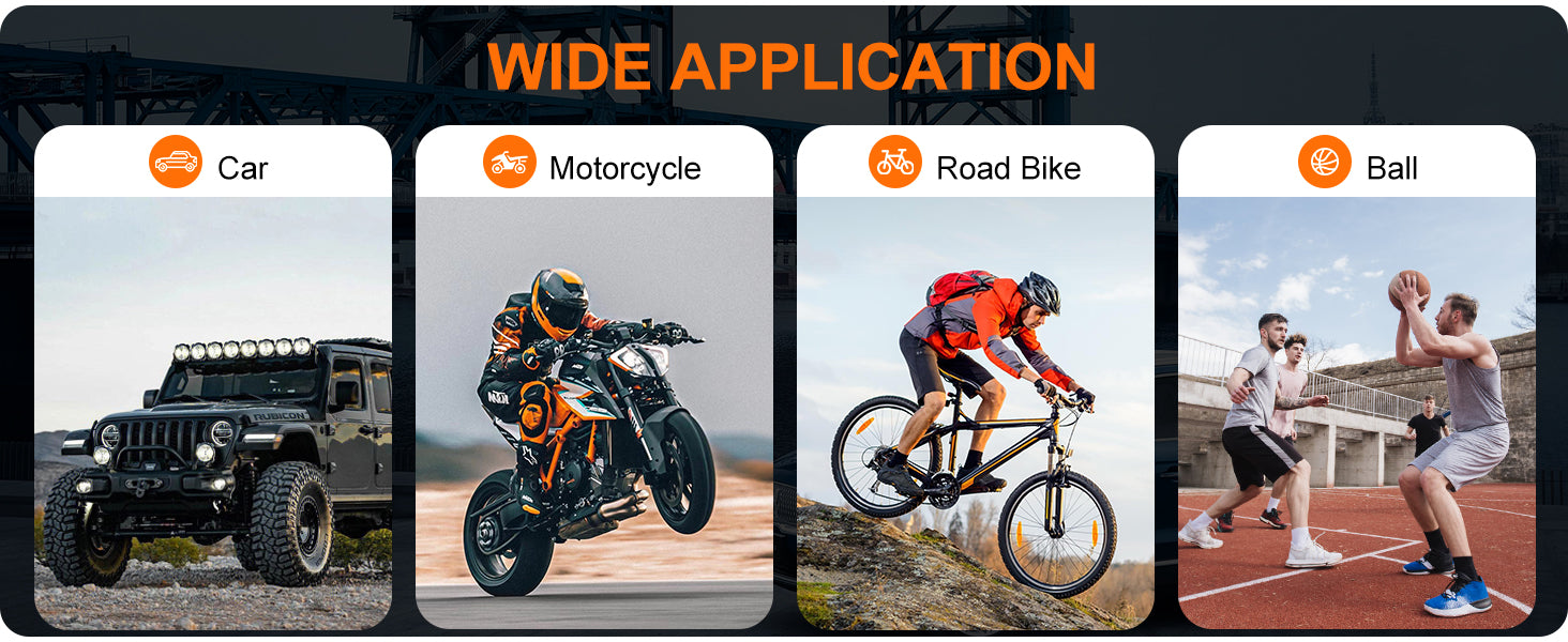 Ripom wide application uses. The inflator works for Car, Motorcycle, Road Bike, and Sports Ball tires.