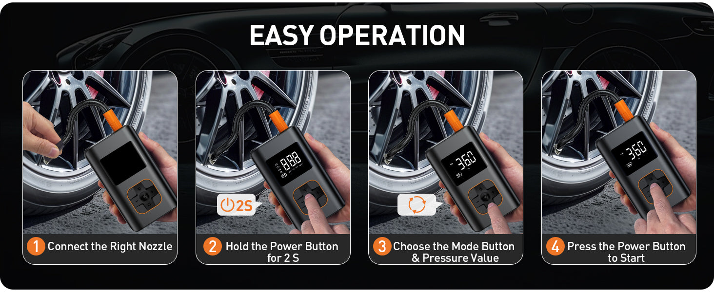 Ripom easy operation. The steps show connecting the nozzle, choosing the mode, setting the pressure, and starting the inflation.