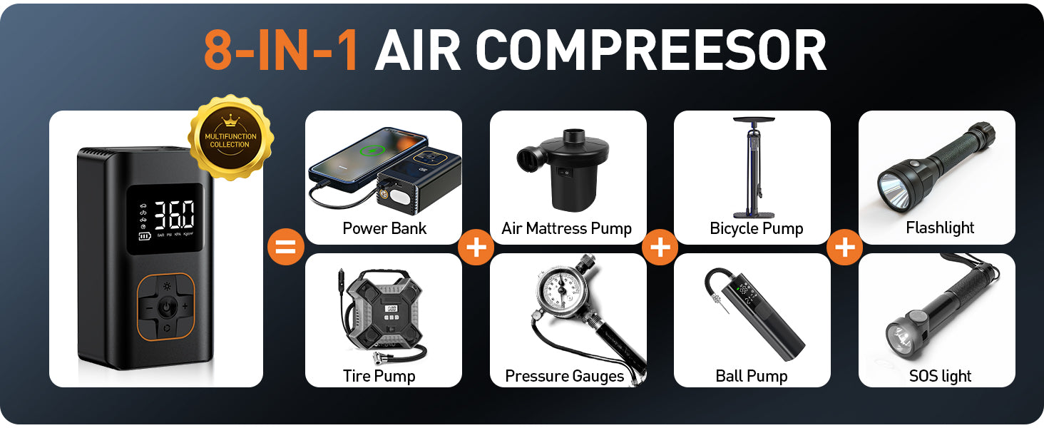 The Ripom air compressor is an 8 in 1 multi function tool. It includes power bank, tire pump, pressure gauges, and SOS light functions.