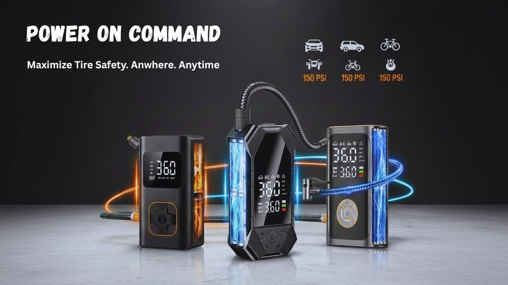 Ripom 150 PSI cordless tire inflator showing power and safety features for car, truck, and bike tires.