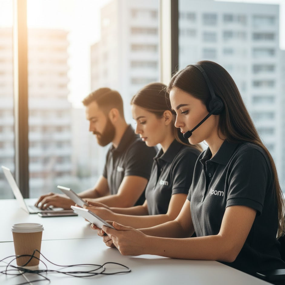 Ripom customer service team working on laptops with headsets. Professional support staff providing technical assistance.