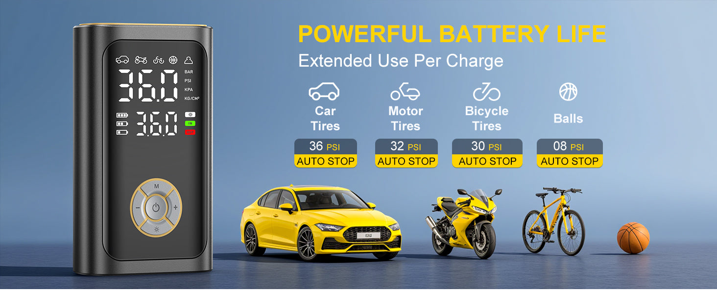 Ripom air compressor features powerful battery life. The auto stop function works for car, motorcycle, and bicycle tires at optimal pressures.