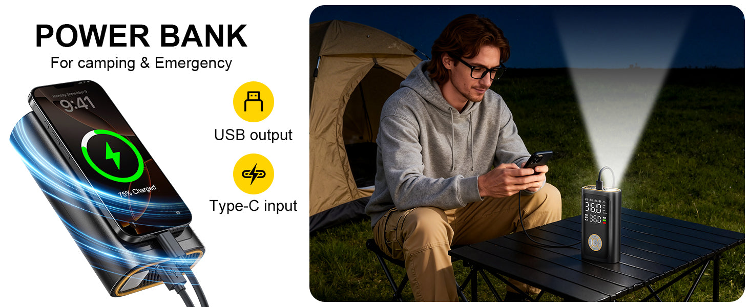 Ripom digital inflator acts as a power bank. Use the USB output to charge your phone during camping or other emergencies.
