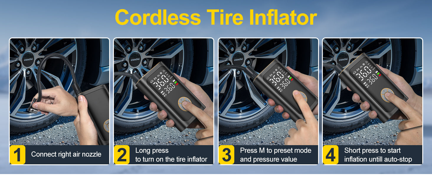 Ripom cordless tire inflator is simple to use. Connect the nozzle, select the preset mode, and press start until the unit auto stops.