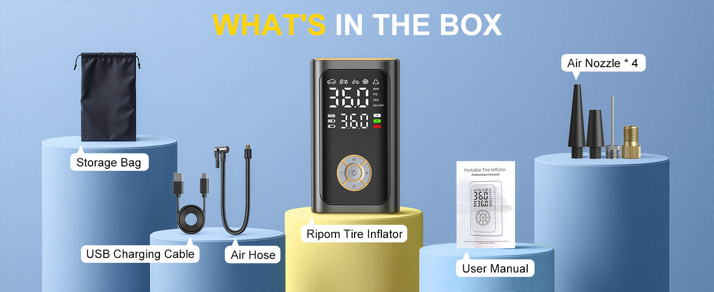 What is in the Ripom tire inflator box. The package includes the inflator, storage bag, charging cable, hose, four nozzles, and a user manual.